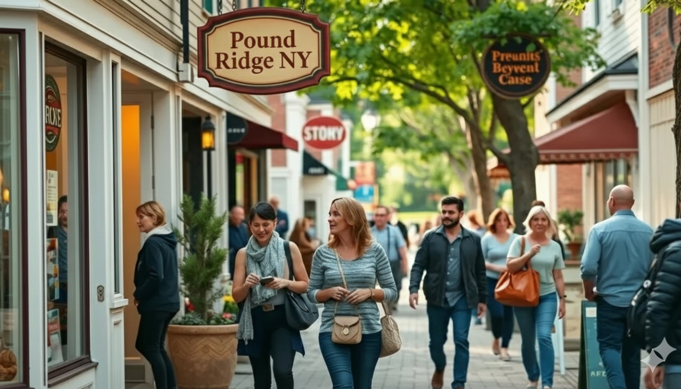 Vibrant small business storefronts in Pound Ridge, NY with happy owners and local customers engaging on a busy, tree-lined street. Content marketing services Pound Ridge NY imagery.